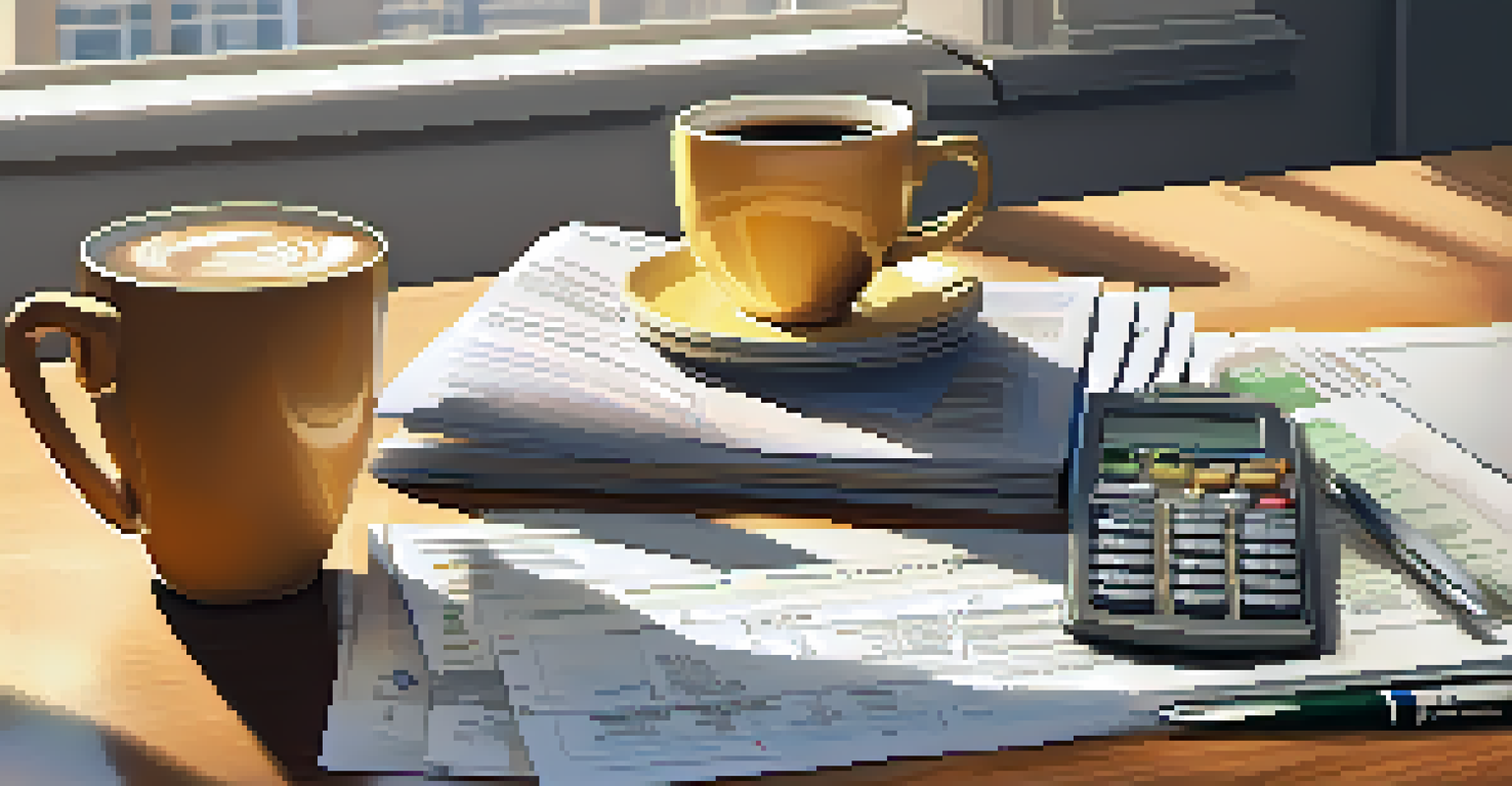 An office desk with financial documents, a calculator, and a cup of coffee, illuminated by sunlight.