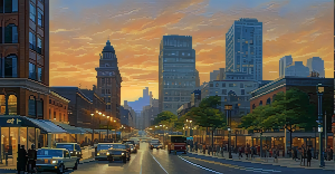 A cityscape at dusk with a mix of modern and historical buildings, featuring people participating in a public forum about tax reform.