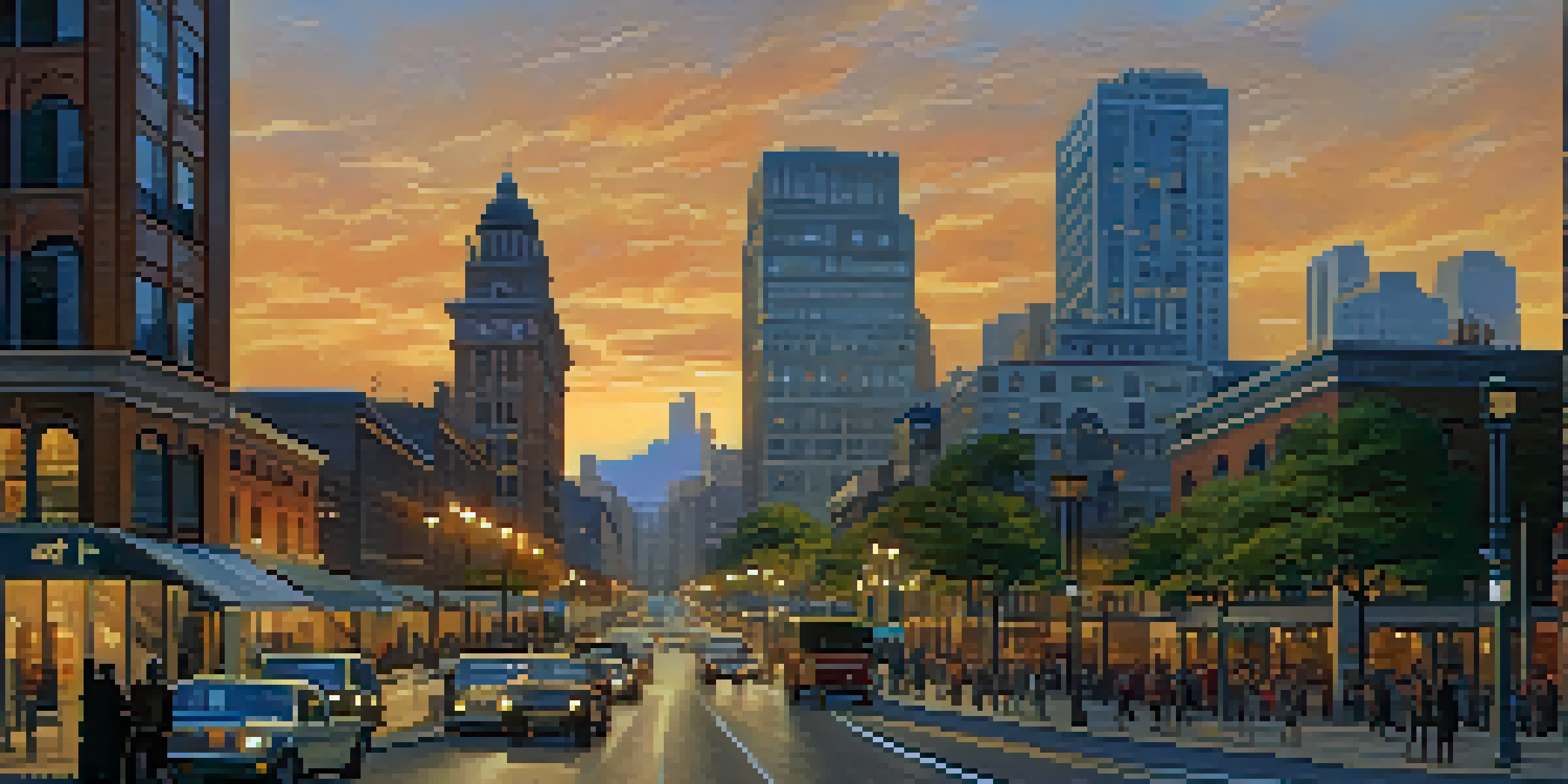 A cityscape at dusk with a mix of modern and historical buildings, featuring people participating in a public forum about tax reform.
