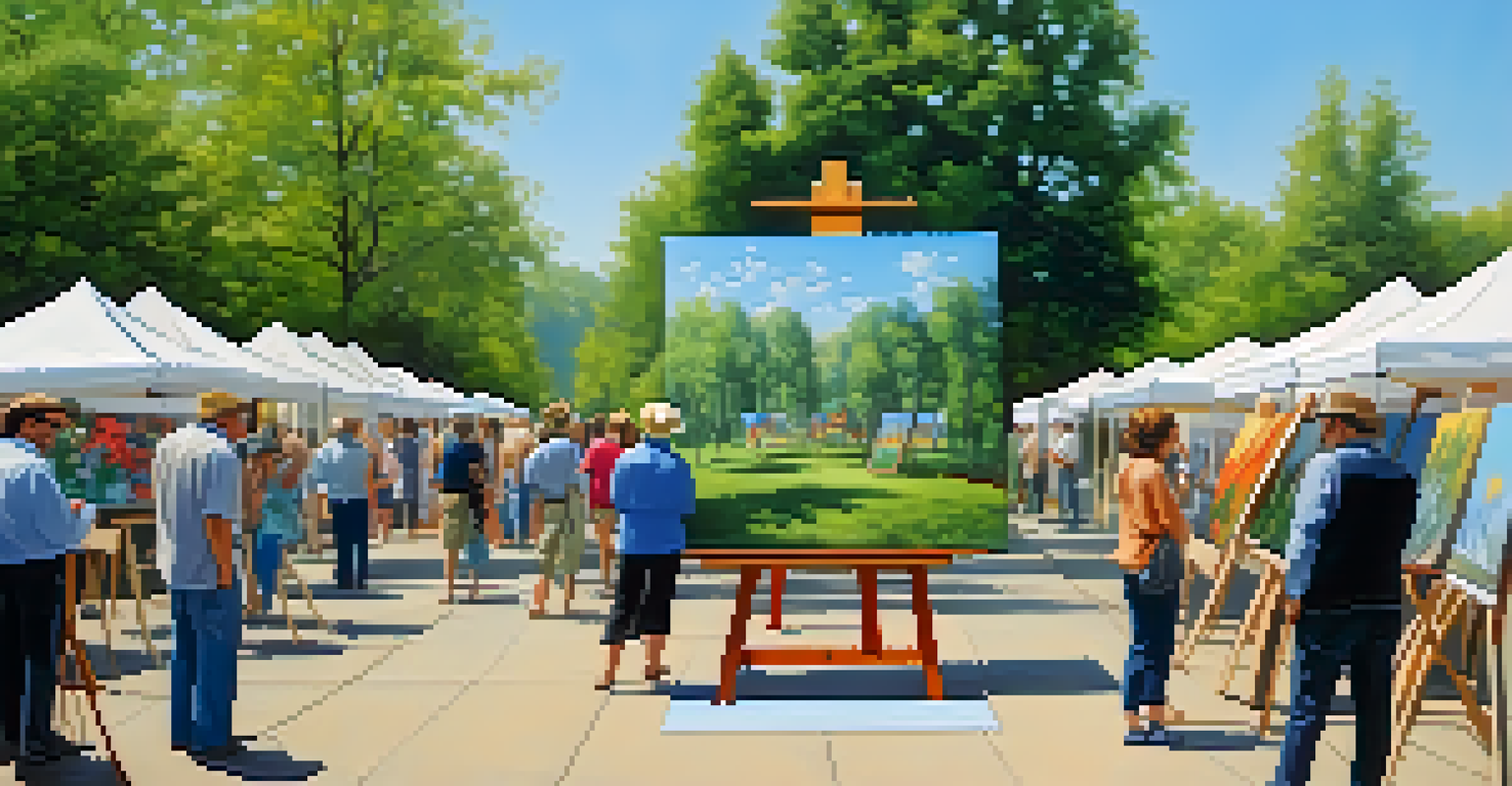 An outdoor art exhibition featuring artists with easels and visitors admiring colorful paintings in a natural setting.