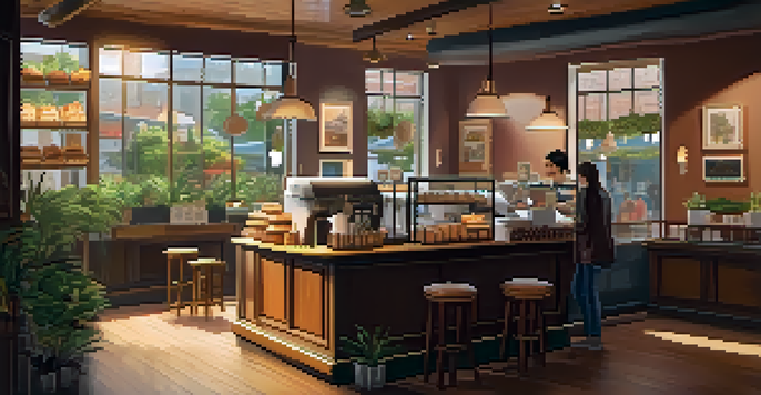 Interior of a small coffee shop with wooden furniture, warm lighting, and customers enjoying their drinks.