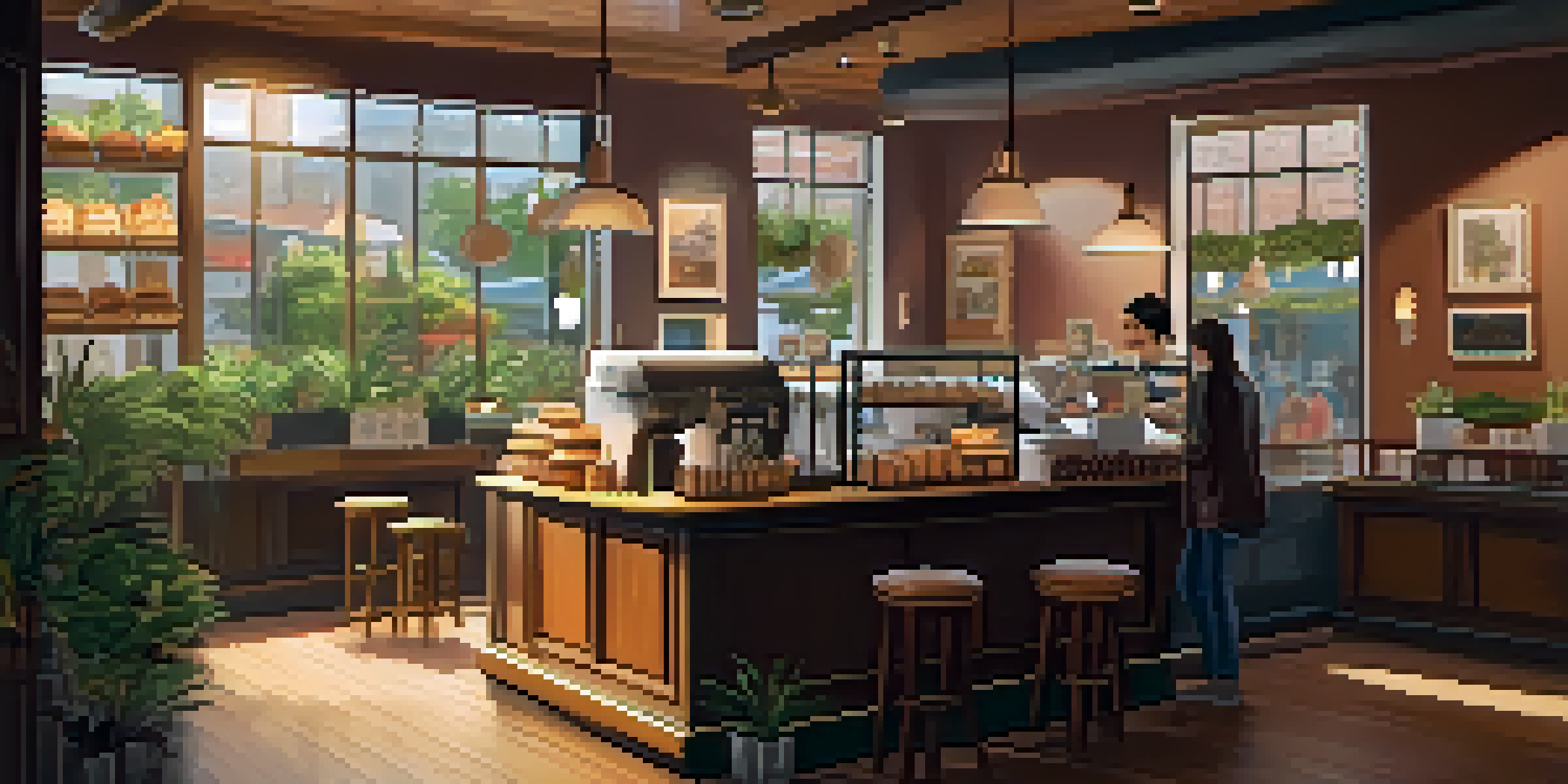 Interior of a small coffee shop with wooden furniture, warm lighting, and customers enjoying their drinks.