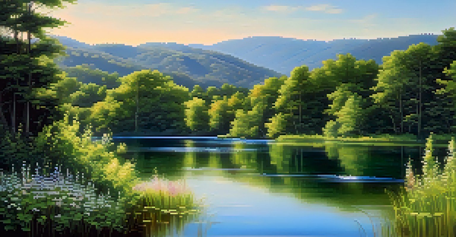 A peaceful lake scene with green trees and blooming wildflowers under a bright blue sky.