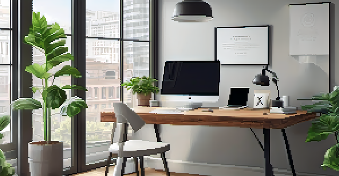 A modern office workspace with a wooden desk, laptop, notepad, and a cup of coffee, illuminated by natural light from large windows.