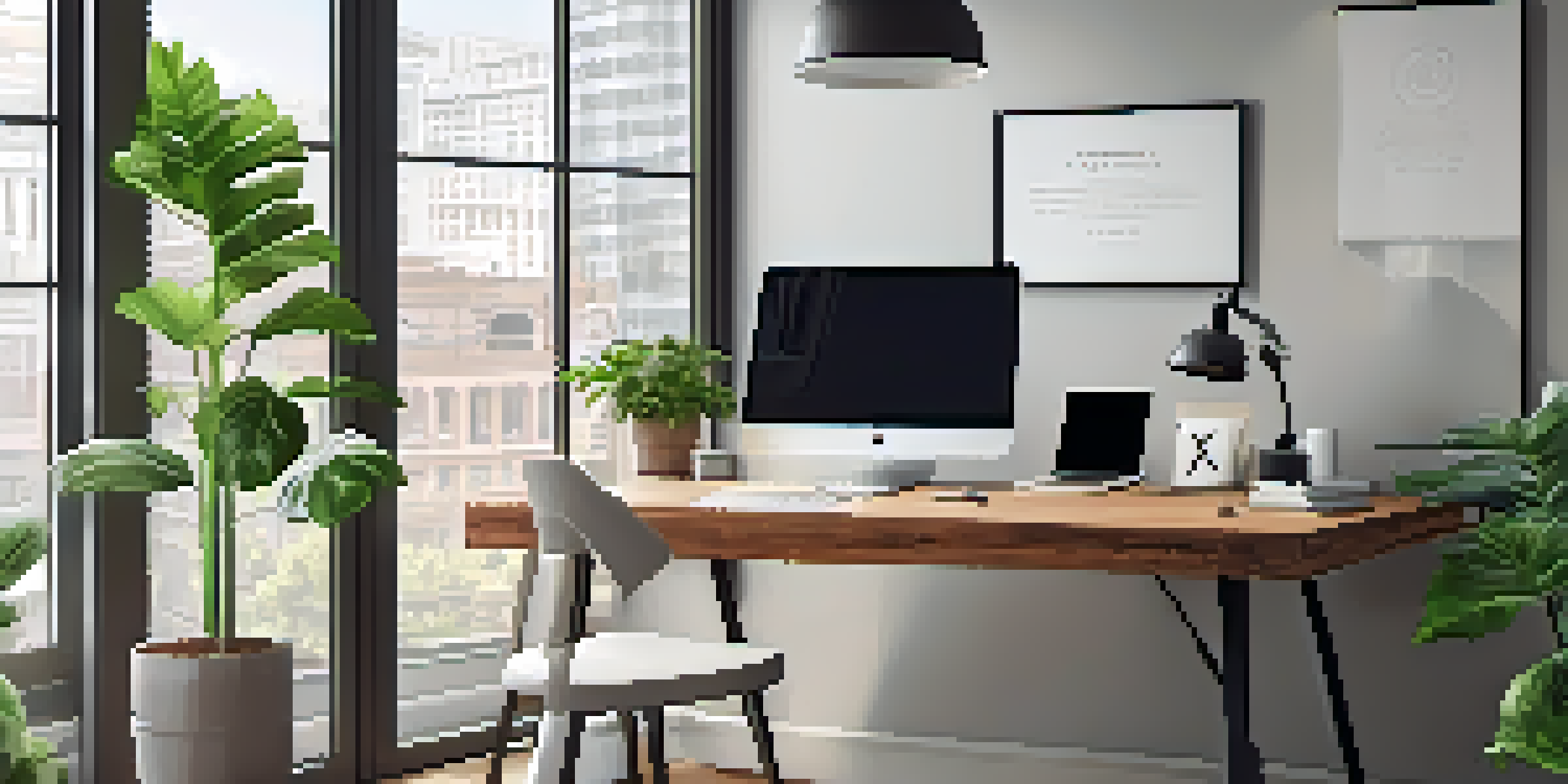 A modern office workspace with a wooden desk, laptop, notepad, and a cup of coffee, illuminated by natural light from large windows.