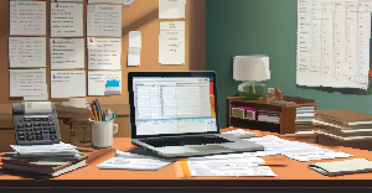 A meticulously organized workspace featuring receipts, a calculator, and a laptop with a bright desk lamp and a colorful wall calendar.
