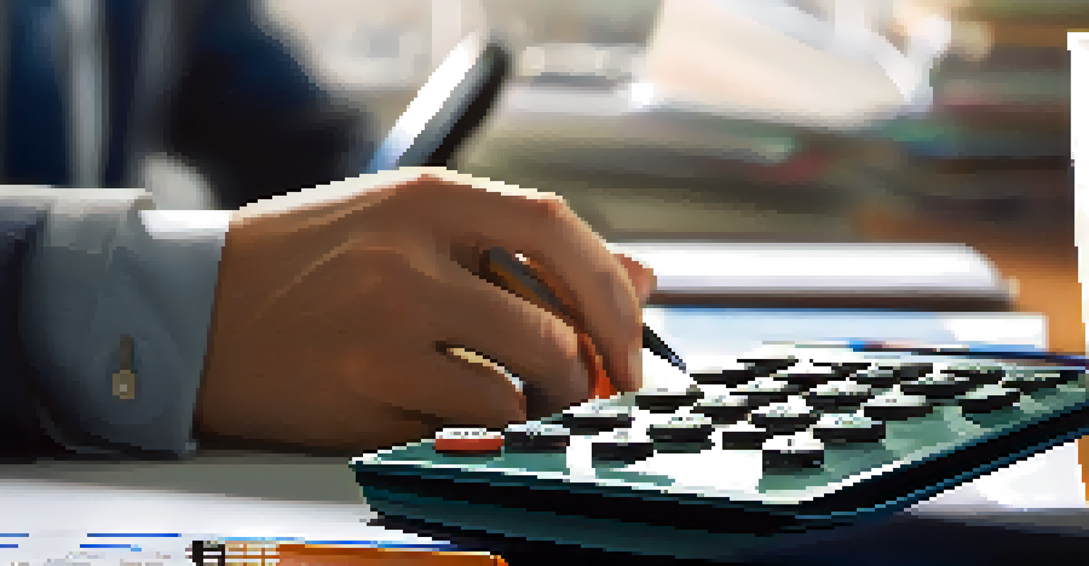 A person holding a calculator and tax documents with a laptop and coffee mug in the background.