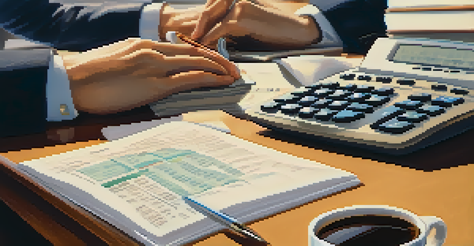 Close-up of hands typing on a laptop with tax documents and a calculator on the desk.