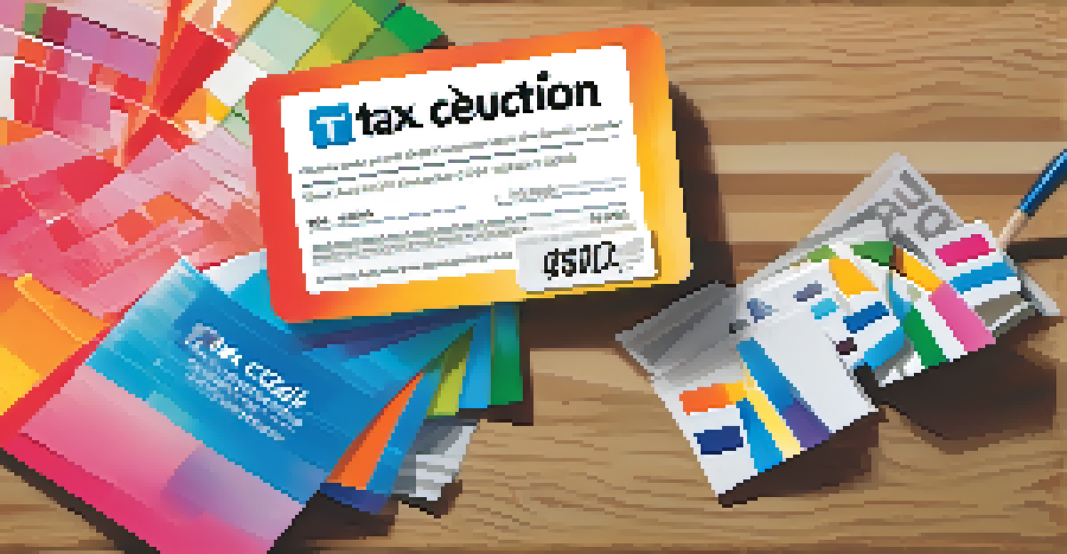 An infographic comparing tax credits and deductions, with a gift card and a discount tag.