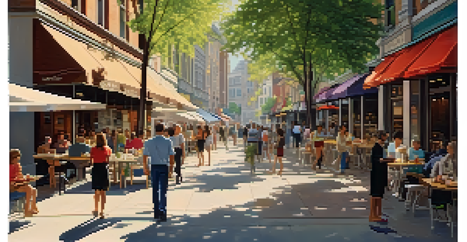 A lively city street with people, shops, and outdoor cafes under warm sunlight.
