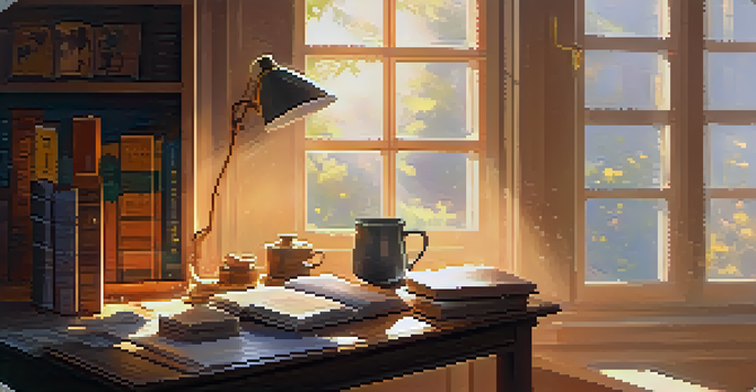 A warm and inviting study room with a wooden desk, laptop, books, and a cup of coffee, illuminated by sunlight.
