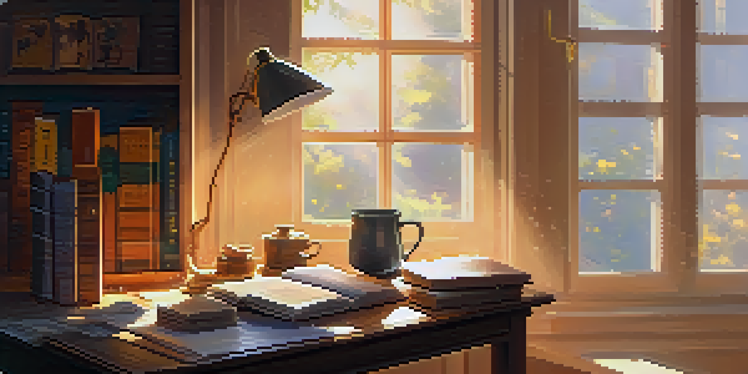 A warm and inviting study room with a wooden desk, laptop, books, and a cup of coffee, illuminated by sunlight.