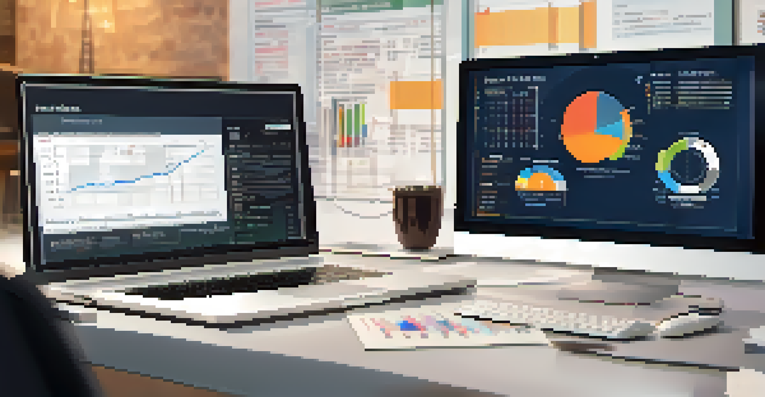 A close-up of a computer screen showing tax compliance software with graphs, in a well-organized workspace with a notepad and coffee mug.