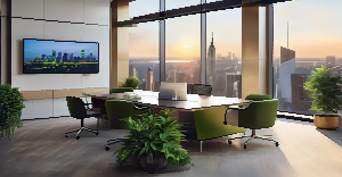 A modern corporate office with glass windows, sleek furniture, and a digital screen showing a global map at sunset.