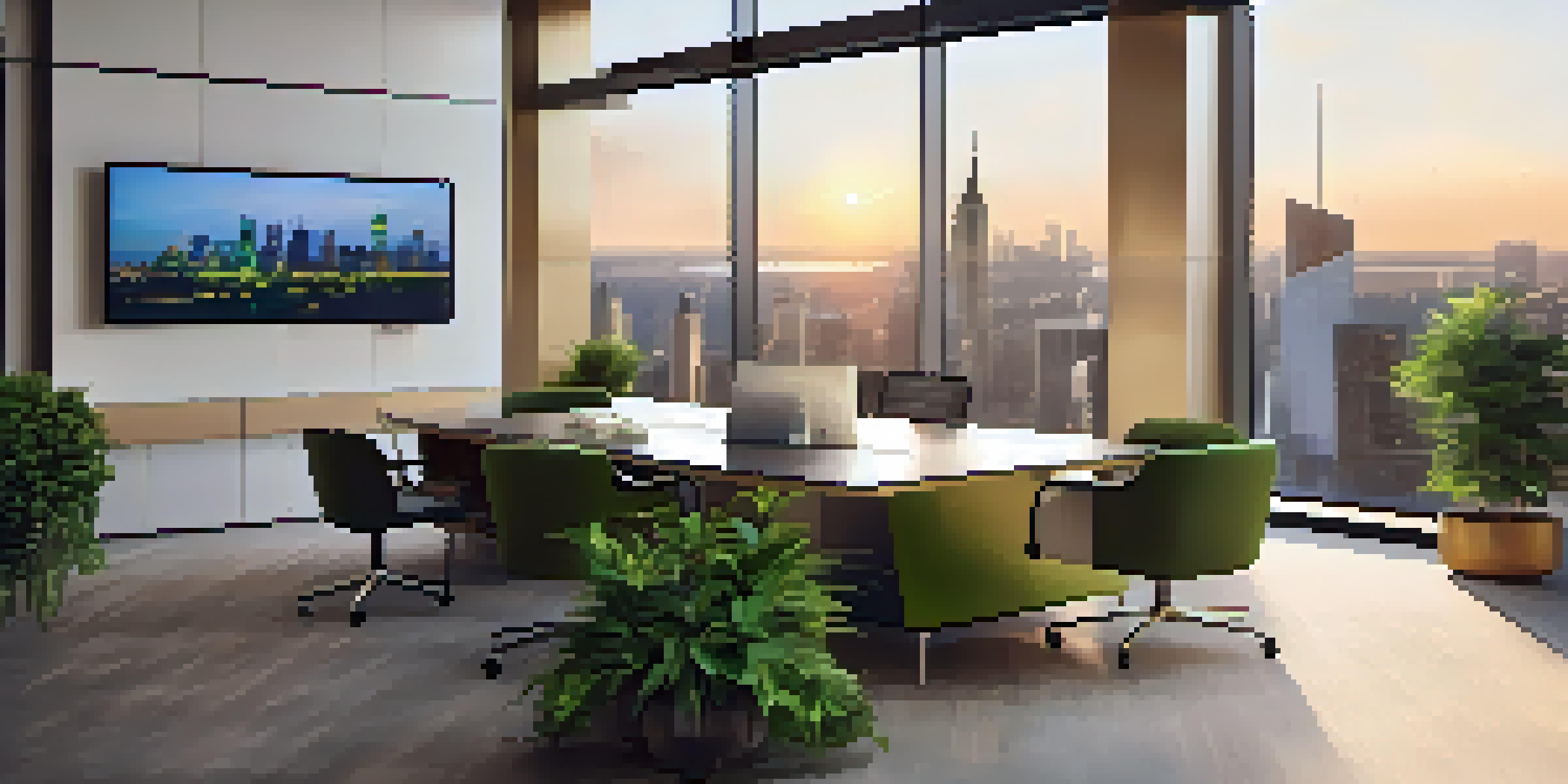 A modern corporate office with glass windows, sleek furniture, and a digital screen showing a global map at sunset.