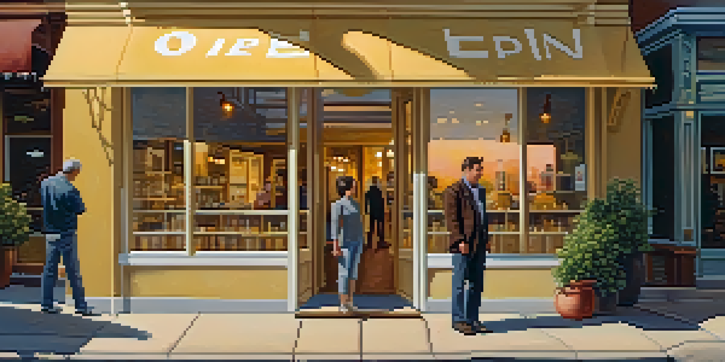 A small business owner in front of a storefront during sunset with customers nearby.