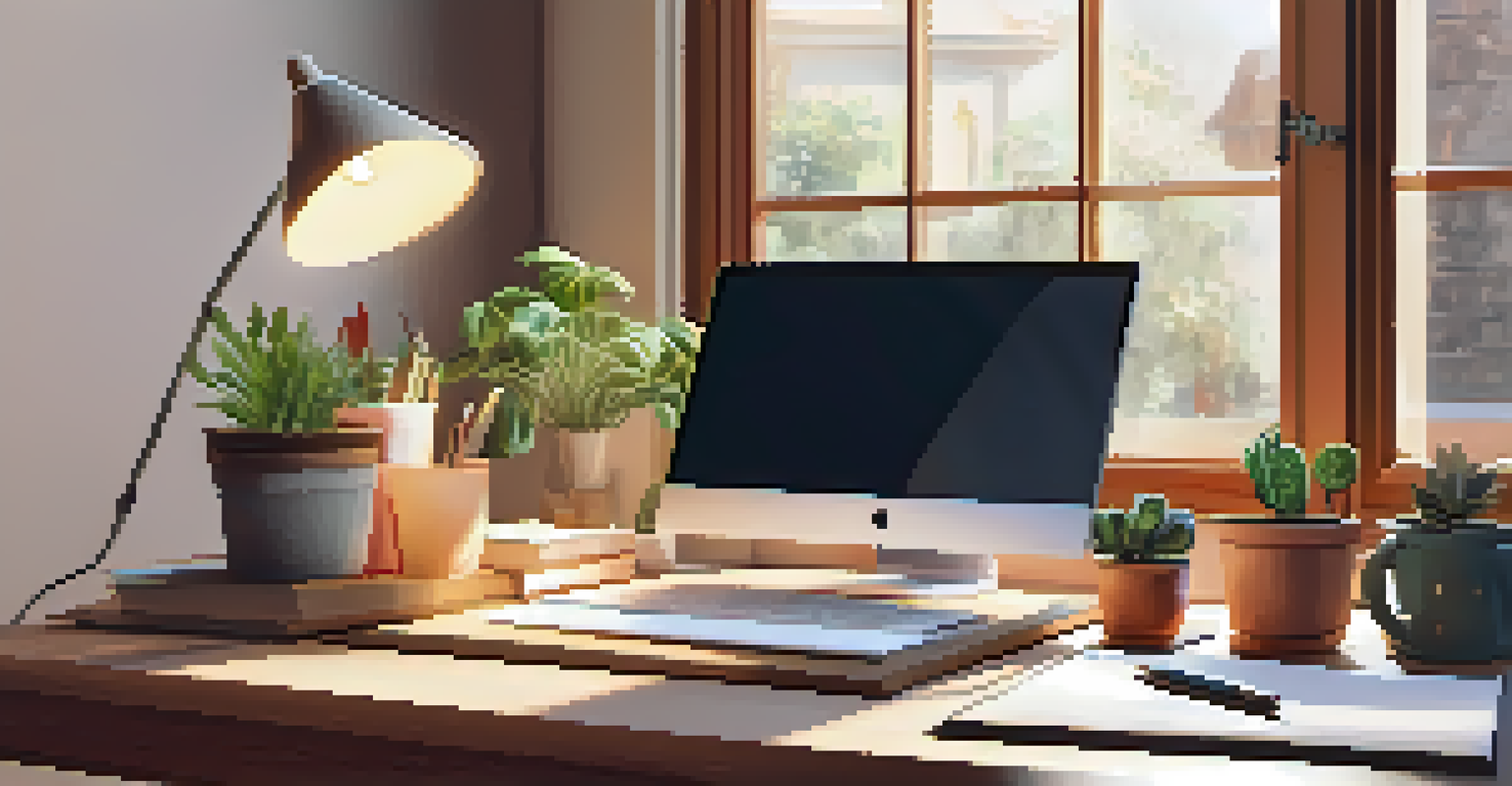 A warm and inviting home office space with a wooden desk, laptop, books, and a potted plant.