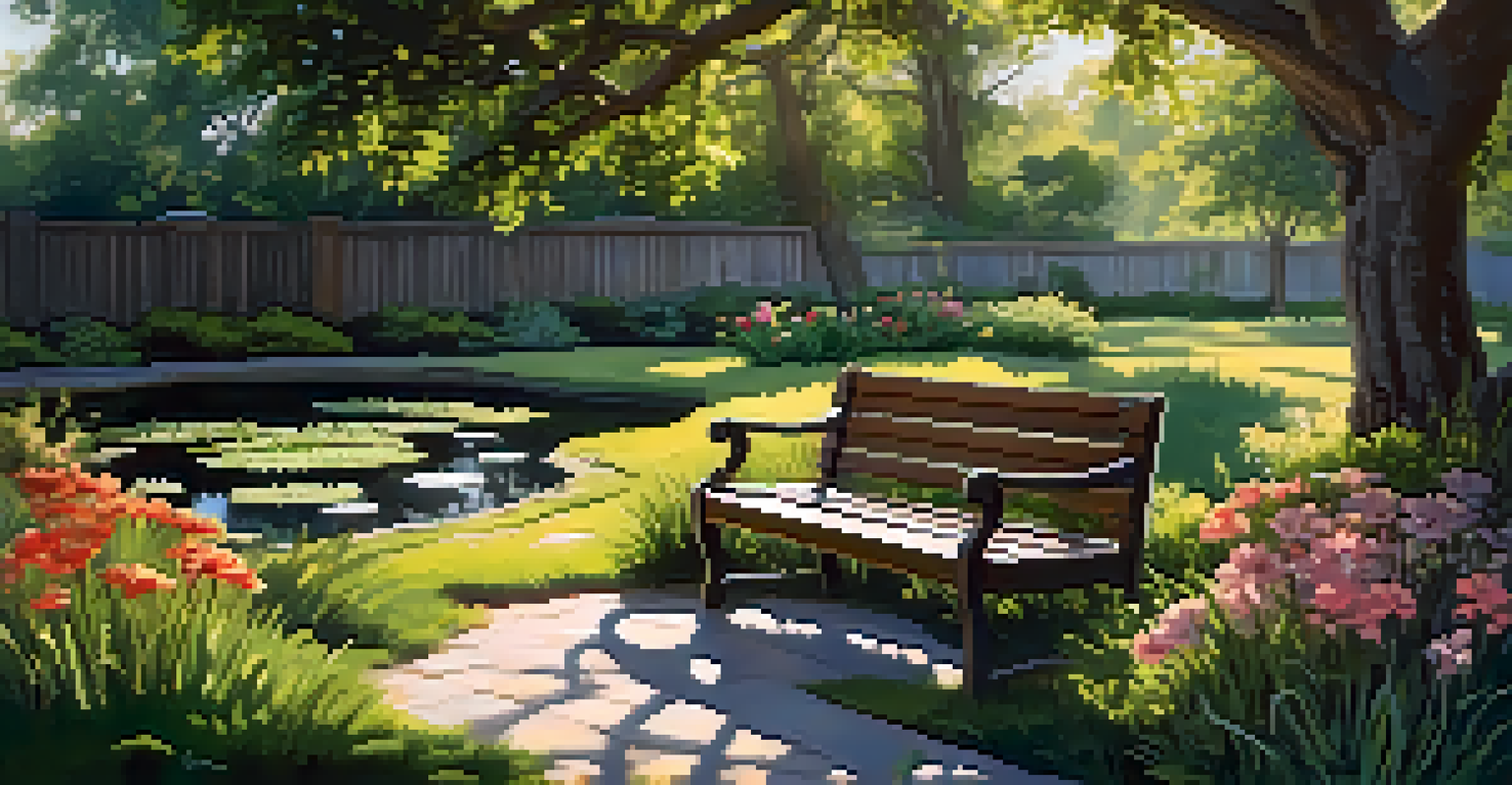 A tranquil backyard garden featuring blooming flowers, a pond, and a rustic bench under an oak tree.