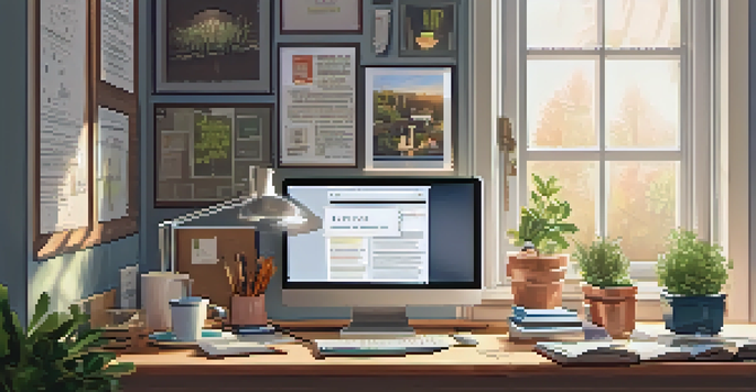 A warm and inviting home office setup with a desk, laptop, and natural light coming through the window.