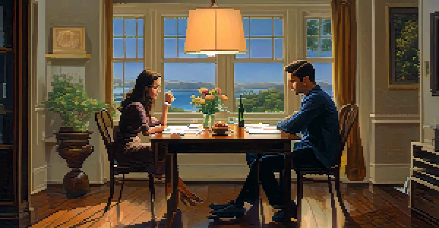 A couple discussing alimony terms at a dining table, with papers and a laptop in a warmly lit room.