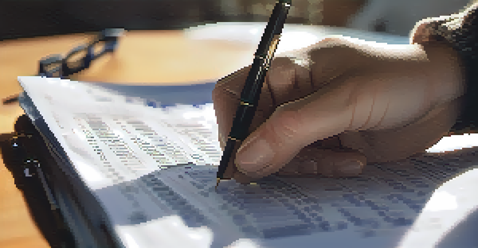 A hand writing on a tax return form with a cup of coffee and calculator in view.