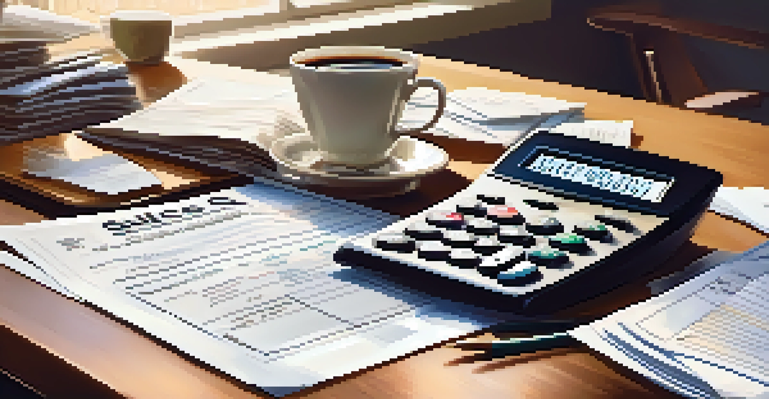 A cozy office desk with neatly arranged financial documents, receipts, and a calculator, alongside a coffee cup.