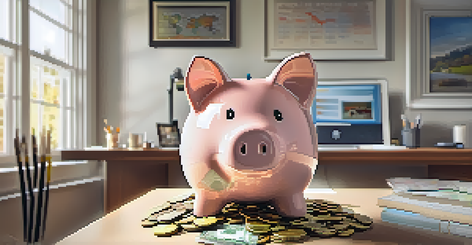 A piggy bank surrounded by coins and bills in a cozy home office, emphasizing the theme of saving for retirement.
