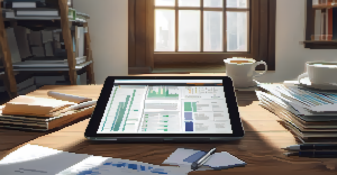 A tidy workspace with a laptop, financial documents, and a digital tablet in natural light.