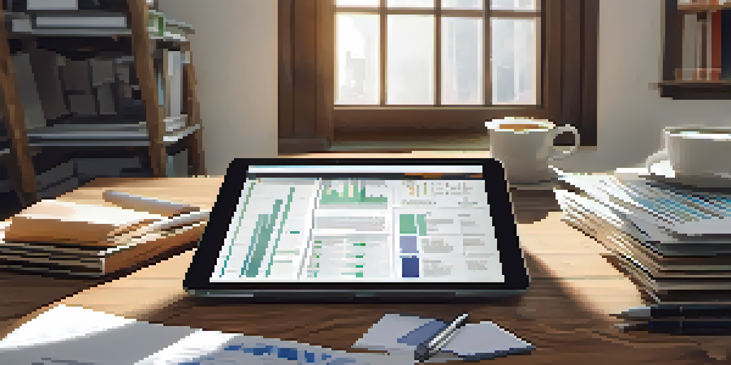 A tidy workspace with a laptop, financial documents, and a digital tablet in natural light.