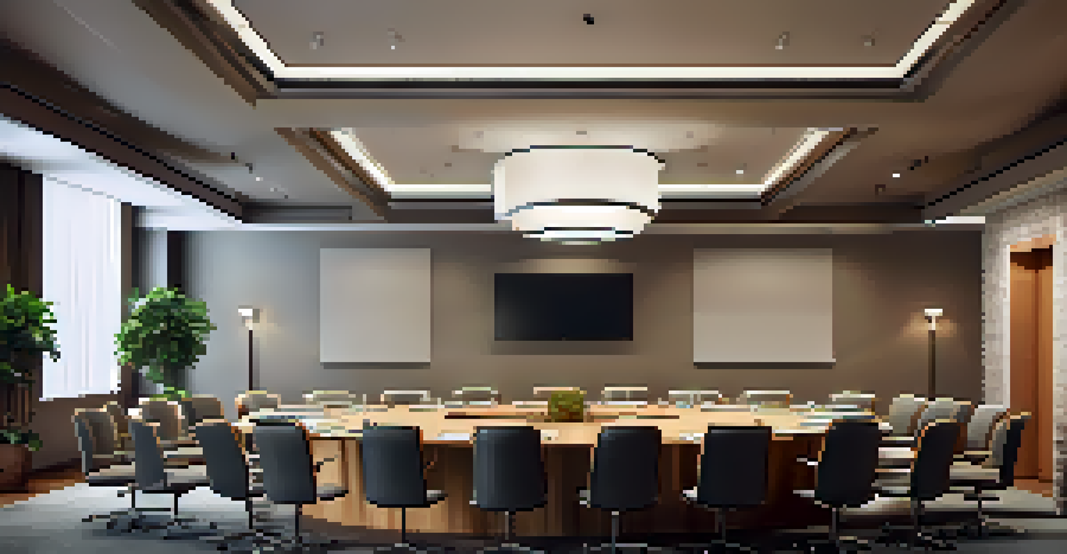 A stylish meeting room with a round table, modern art on the walls, and a projector screen, creating a welcoming environment.