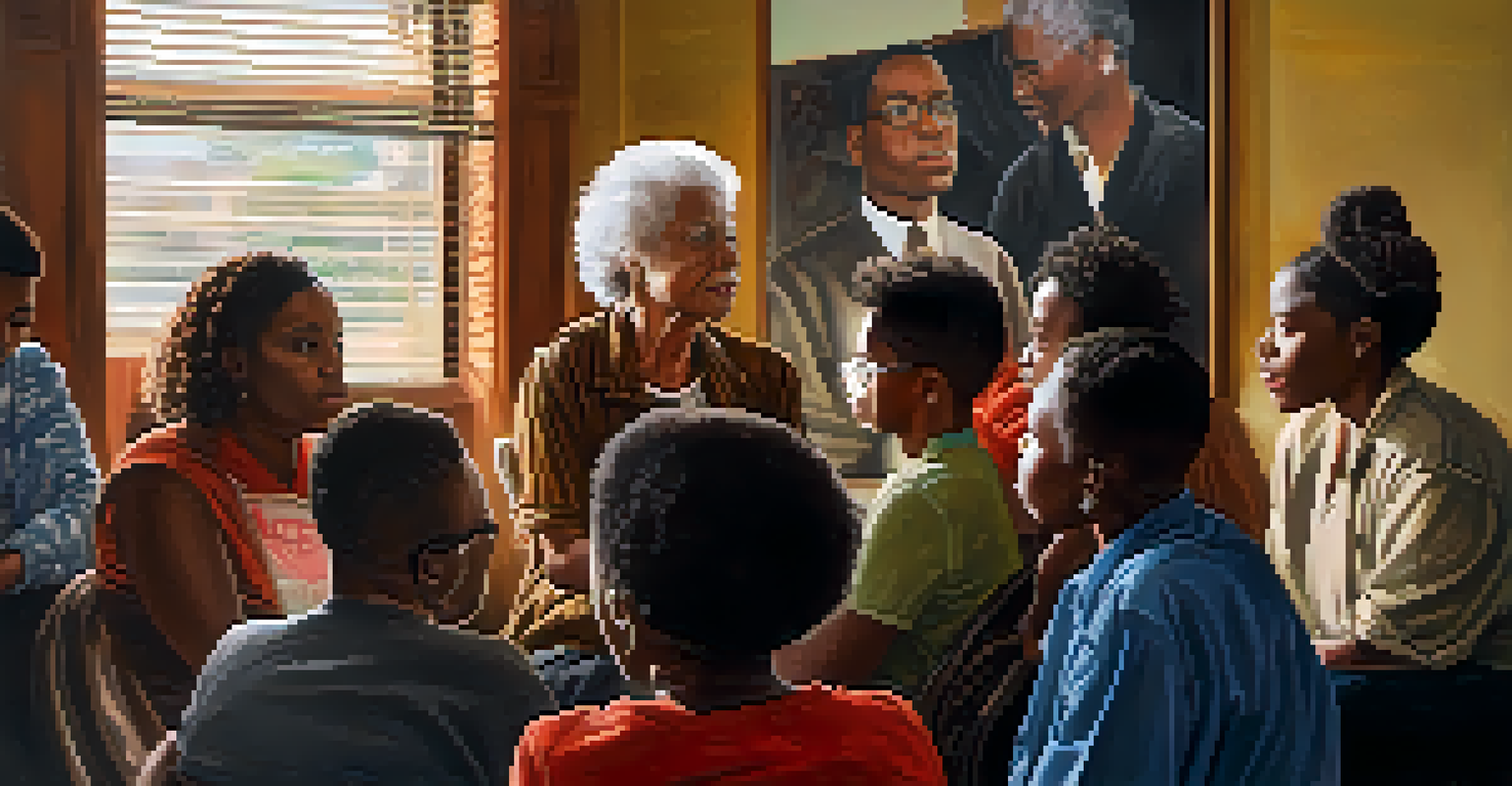 An elderly woman sharing her story with young activists in a warmly lit community meeting room decorated with historical photographs.
