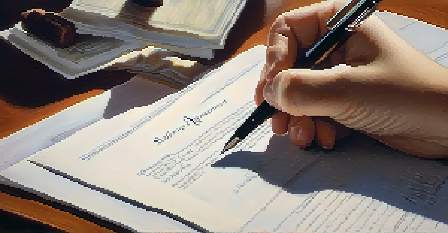 A close-up of hands signing a divorce settlement agreement with a blurred background.