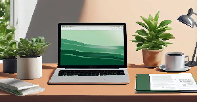 A modern office desk with a laptop, financial documents, and a cup of coffee, surrounded by a potted plant and warm light.