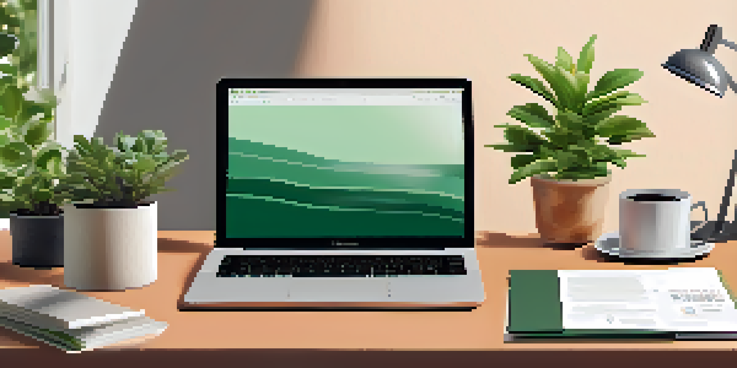 A modern office desk with a laptop, financial documents, and a cup of coffee, surrounded by a potted plant and warm light.
