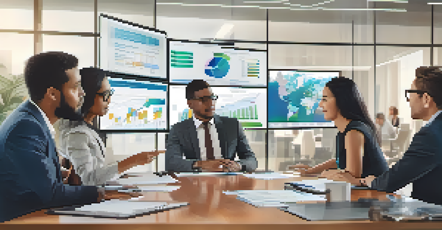 A diverse group discussing tax strategies with a tax advisor in a meeting room, with a digital screen in the background.