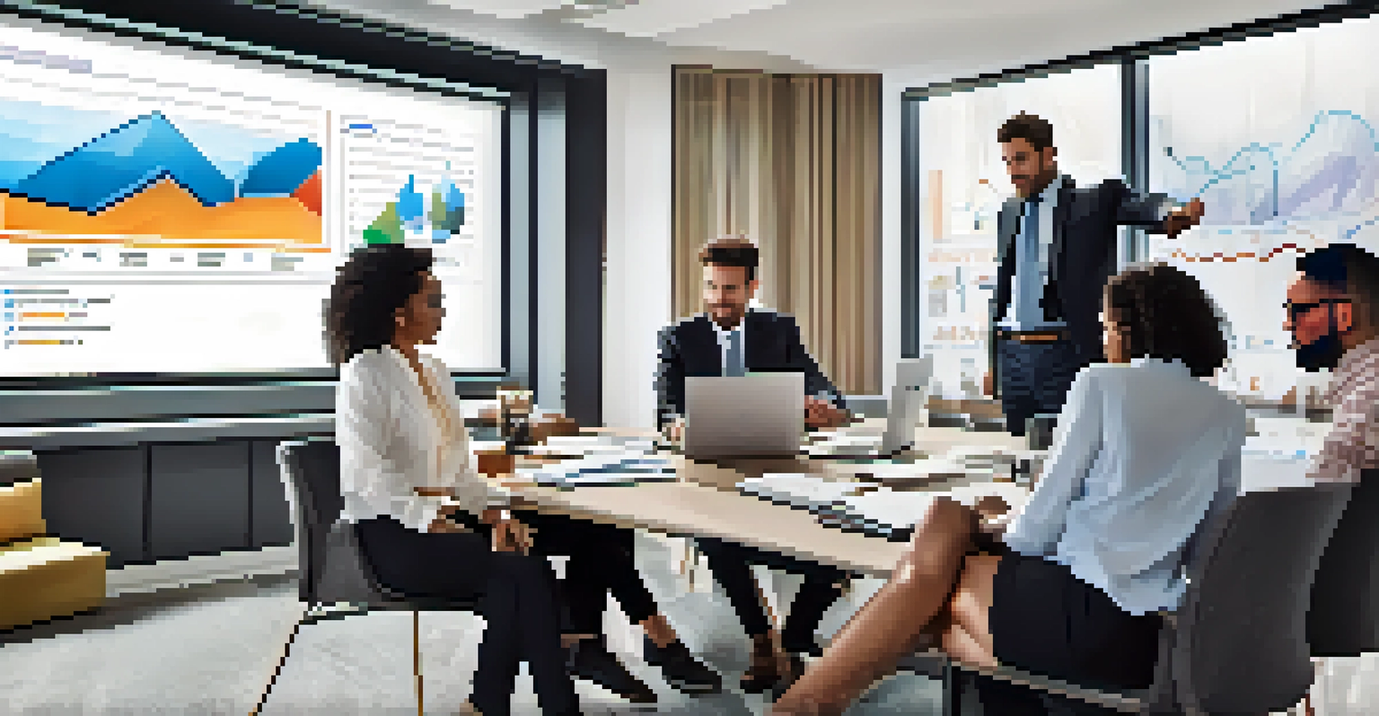 A diverse group of business professionals discussing charts and graphs in a modern office setting.