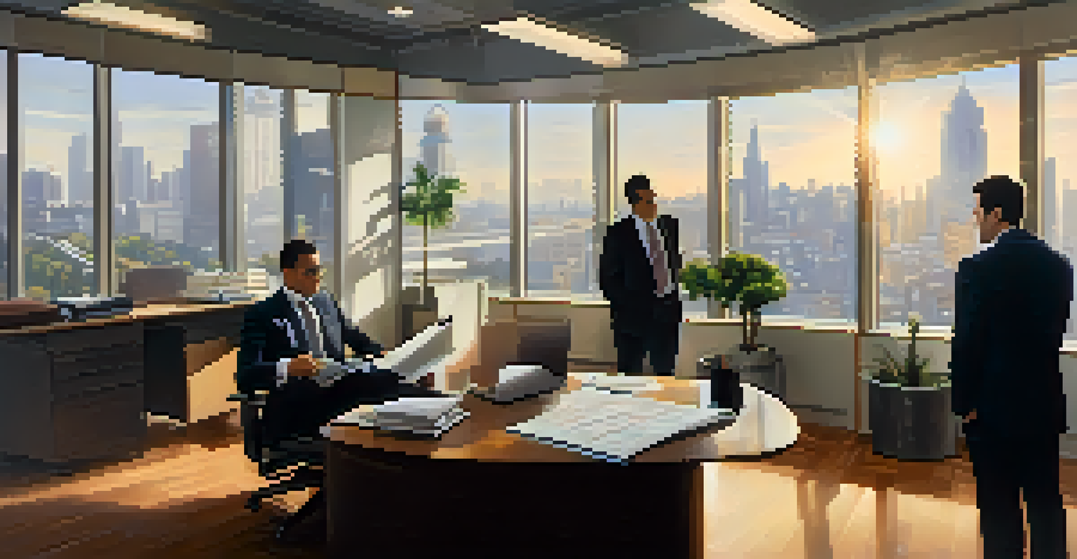A tax professional and a client discussing tax charts in a warmly lit modern office.
