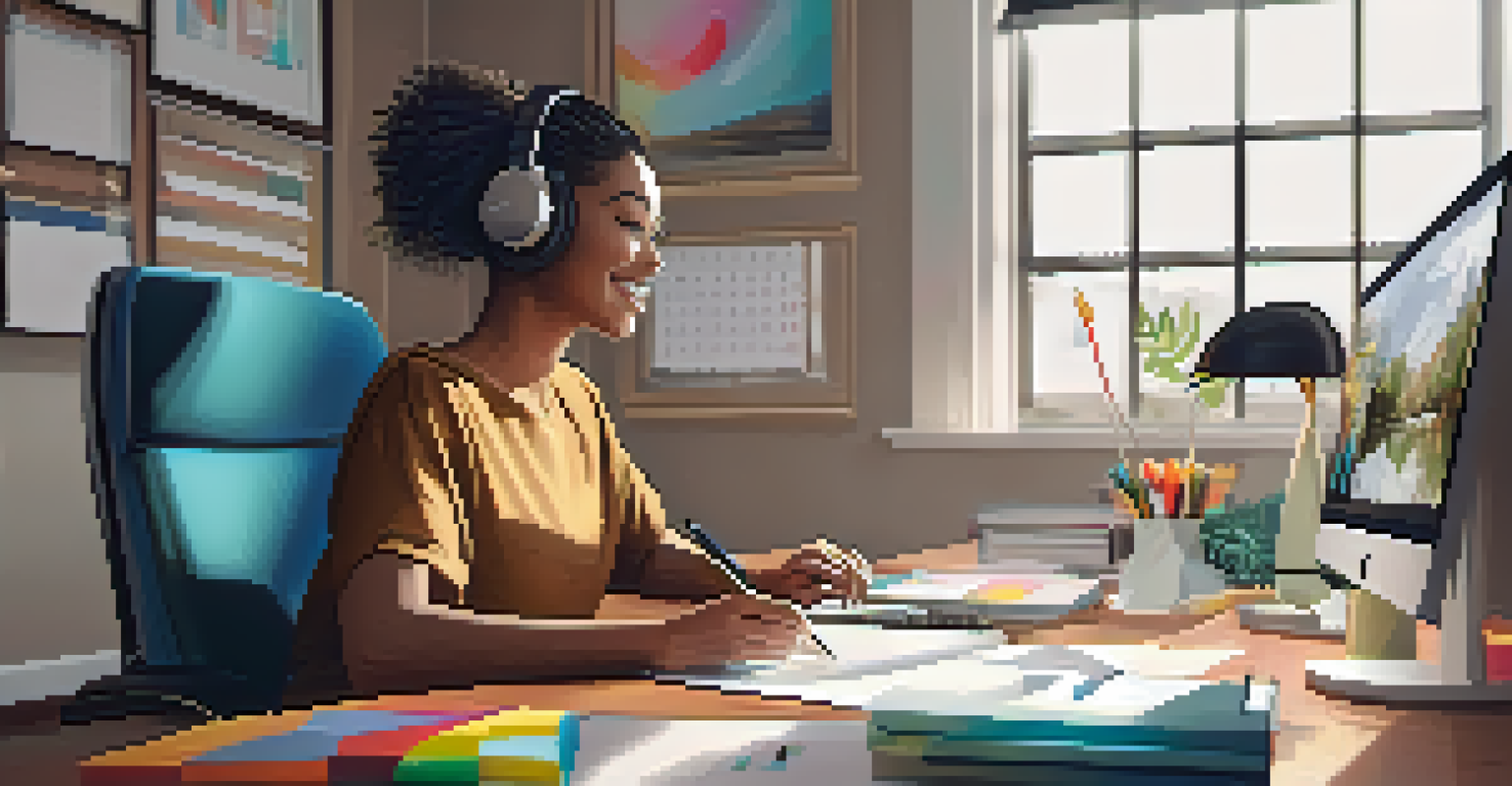 A person participating in a video call at a stylish home office desk with motivational decor in the background.