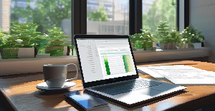 An office desk with a laptop, notepad, coffee mug, and plants, illuminated by natural light.