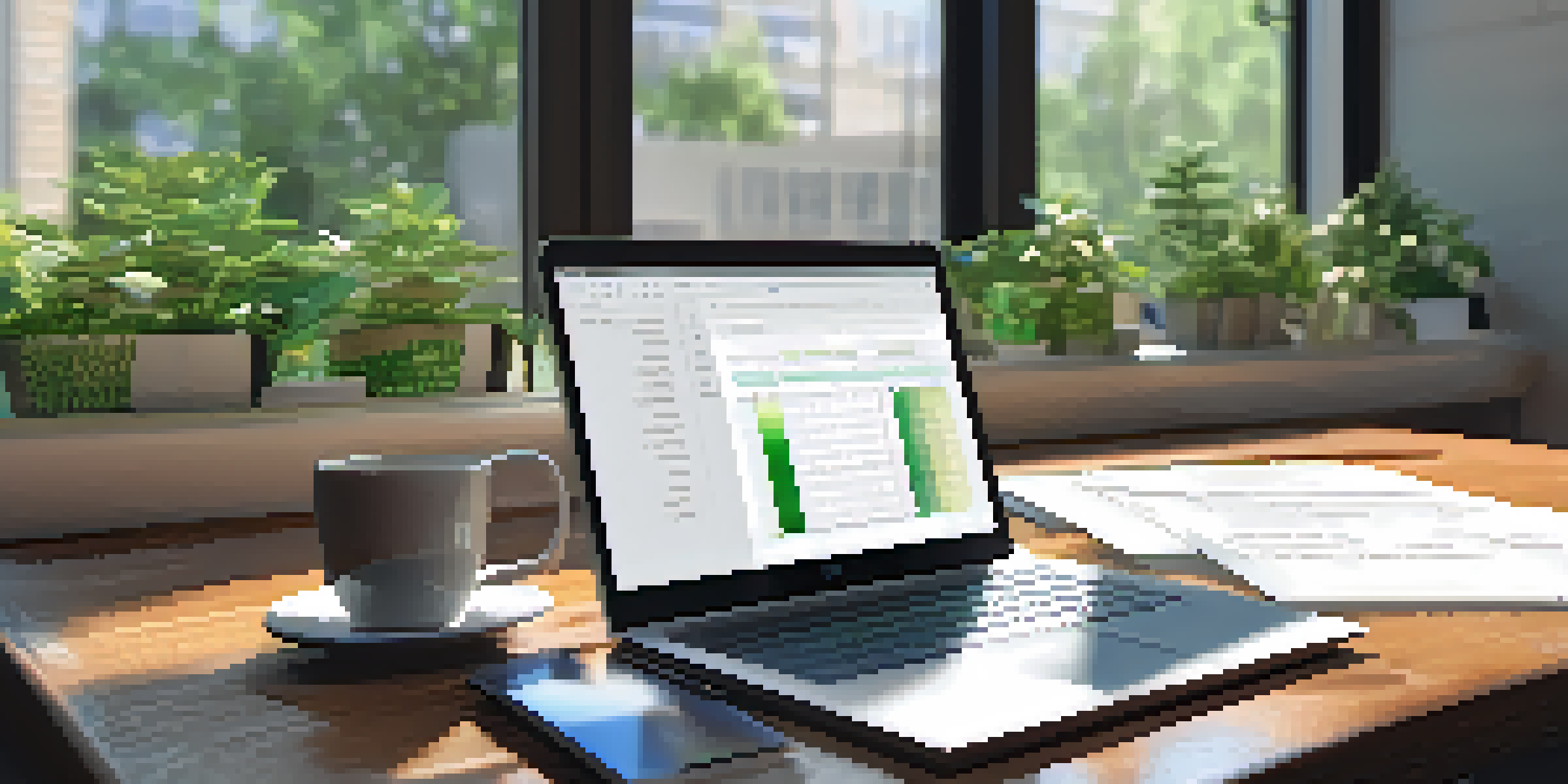 An office desk with a laptop, notepad, coffee mug, and plants, illuminated by natural light.