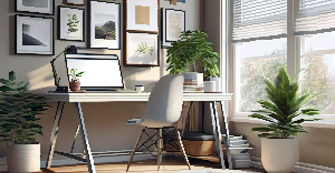 A cozy home office with a desk, laptop, coffee cup, and a plant, softly lit by natural light.