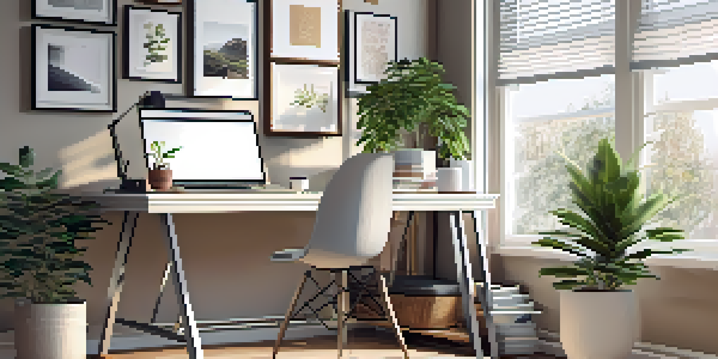A cozy home office with a desk, laptop, coffee cup, and a plant, softly lit by natural light.