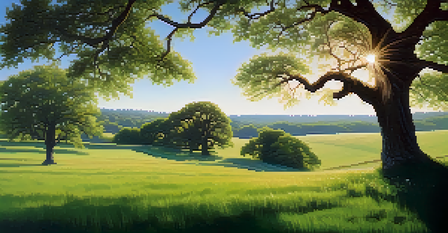A peaceful green field with a lone oak tree and a clear blue sky, illuminated by sunlight.
