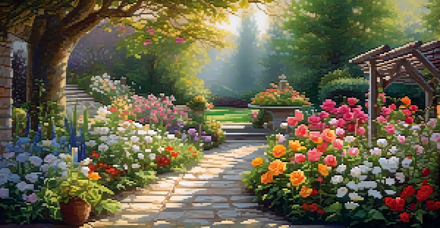 A vibrant garden filled with colorful flowers and a stone pathway leading to a wooden bench under a trellis.