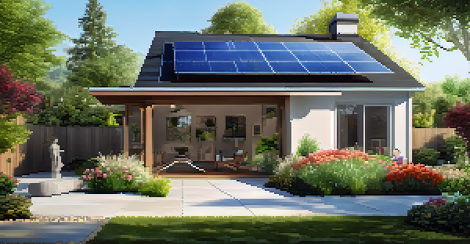 A modern home with solar panels in a sunny backyard, with a family enjoying the outdoor space.