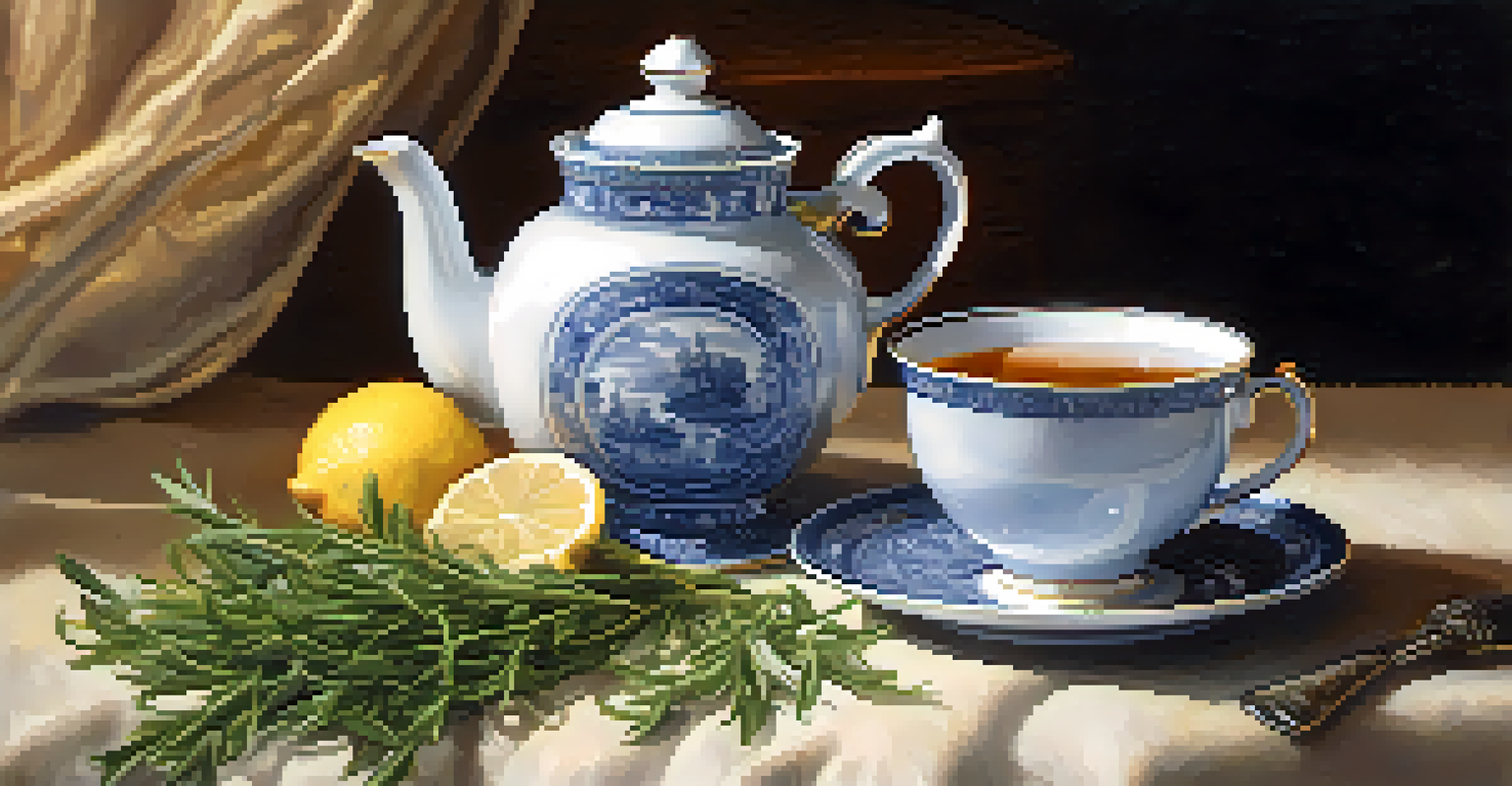 Close-up of a classic teapot pouring tea into a porcelain cup, with herbs and lemon in the background.