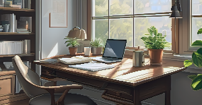 A peaceful home office with a wooden desk, a laptop showing tax documents, a potted plant, and natural light coming through a window.