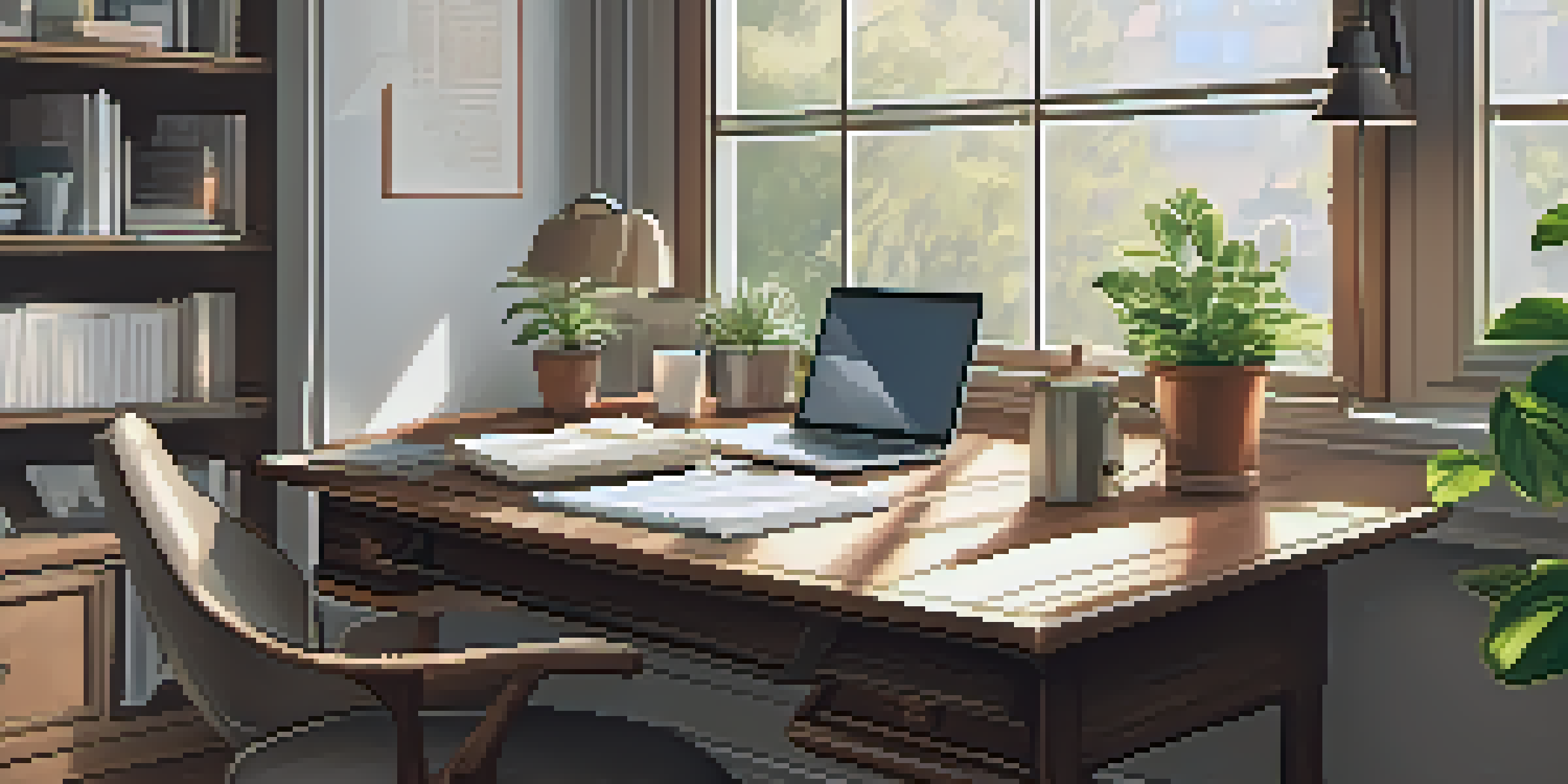 A peaceful home office with a wooden desk, a laptop showing tax documents, a potted plant, and natural light coming through a window.
