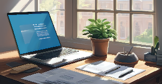 A digital workspace with a laptop, tax documents, a calculator, and a potted plant under soft afternoon light.