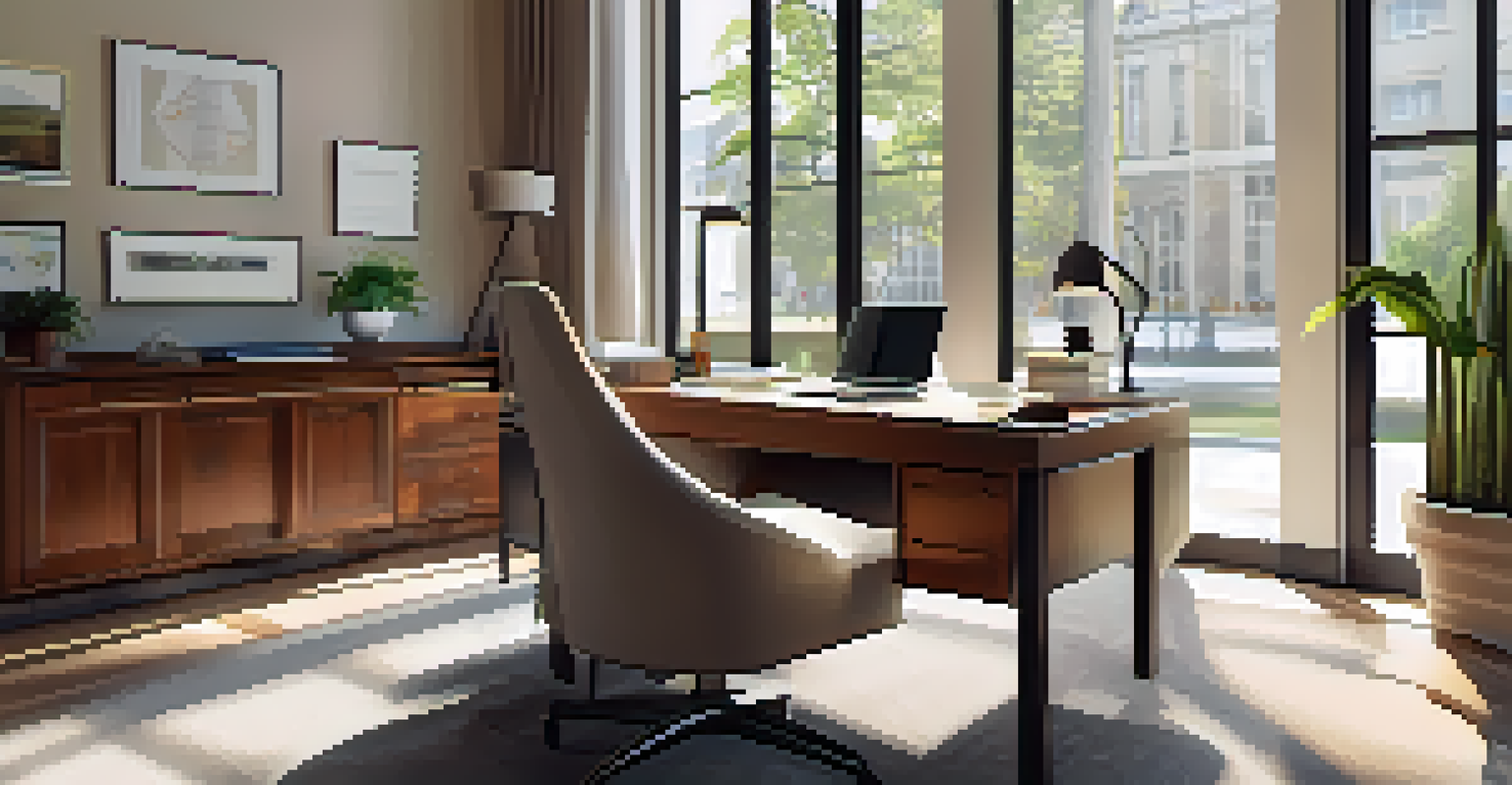 An office with a modern desk, tax documents, a laptop, and a potted plant, illuminated by natural light.